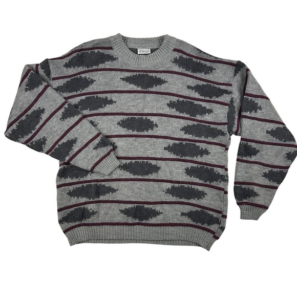 Vintage Gianni Alberti Sweater Mens XL Knit Wool Blend Gray Pattern 90s Italy